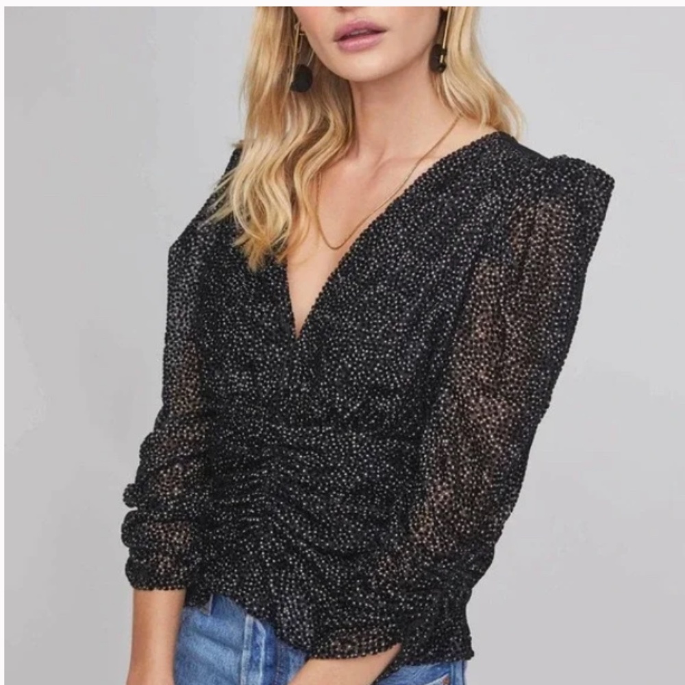 Sexy Black velvet swiss dot blouse top long sleeve ruched size M
